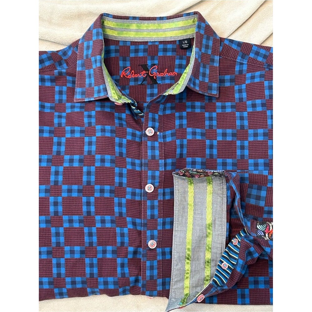 Robert Graham X Collection Mens Blue Maroon Plaid Button Up Shirt Size Large L